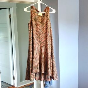 Anthropologie, xs, knit dress with jersey slip, mauve, green, blue, brown